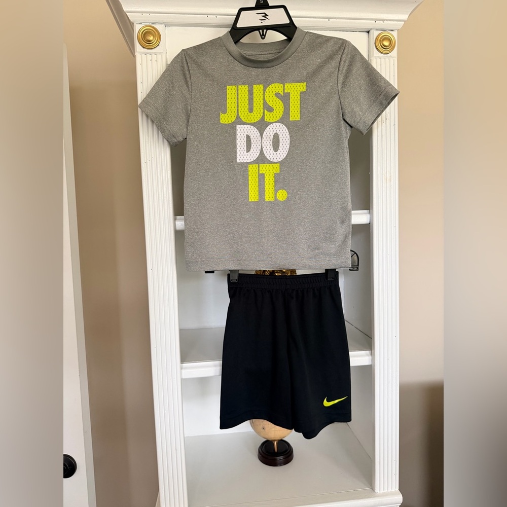 Nike Gray Tee and Black Shorts Set with Yellow Accents
